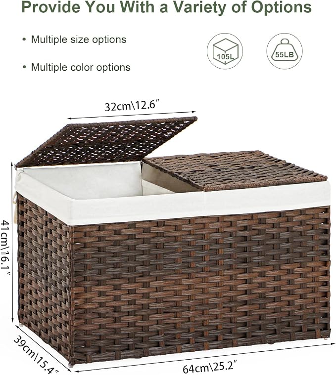 SETVSON Storage Basket with Lid Rattan Storage Basket with 2 Separate Lid, 27.8 Gallon (105 L) 25.2 * 15.4 * 16.1 Inches Woven Wicker Baskets with 2 Liners and Handles for Bedroom Laundry-Brown
