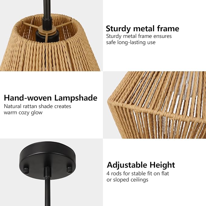 LynPon 12“ Boho Rattan Pendant Light with Rod Hanging, Black Boho Light Fixture with Hanging Lamp Shade, Farmhouse Coastal Wicker Pendant Light for Kitchen Dining Room Bedroom Hallway Foyer Bathroom