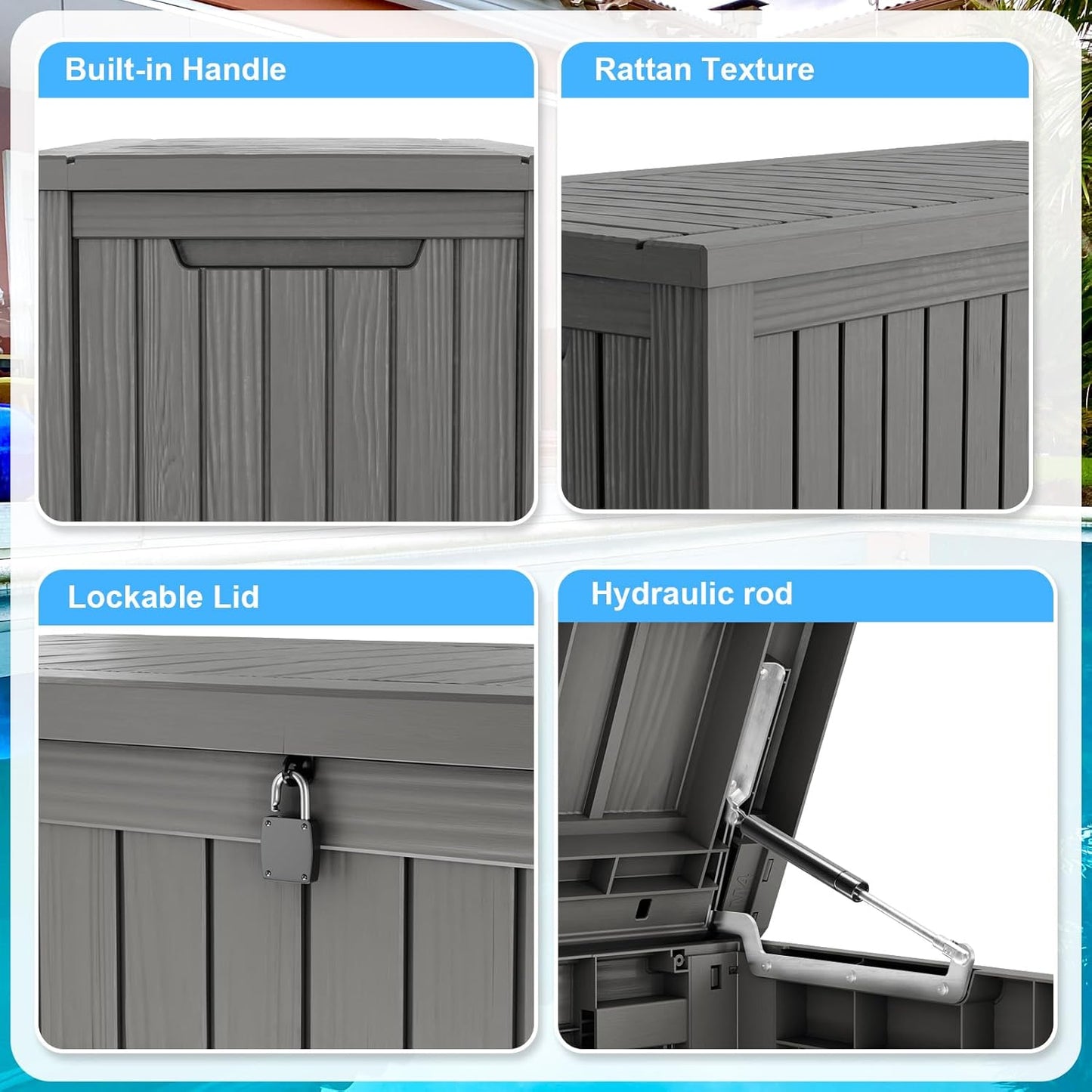 Vixzen 180 Gallon Resin Deck Box, Lockable Outdoor Storage Box for Patio Cushions Storage Furniture,Garden Tools, Pool Supplies, Weatherproof and UV Resistant- Grey