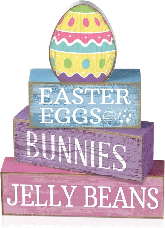 Lineshading 4 Pcs Easter Table Decoration Wooden Pastel Egg - No Assembly Required Reusable Happy Easter Tiered Tray Decor, Perfect for Home Kitchen Shelf Party Farmhouse Centerpieces & Holy Week Gift