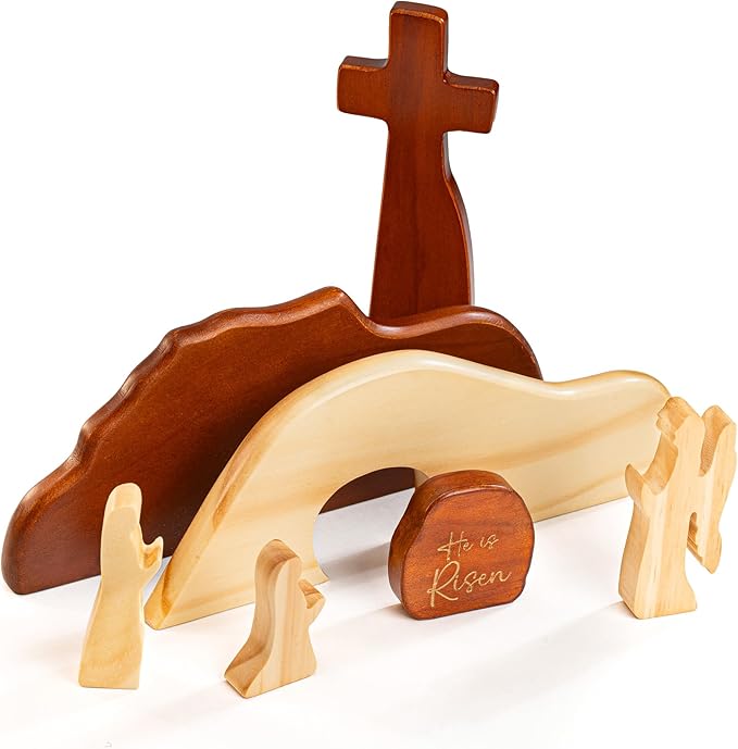 He is Risen Easter Decor – Wooden Resurrection Scene with Empty Tomb, Cross & Figurines, Christian Religious Tabletop Decoration for Home, Faith Easter Gift, Easter Basket Stuffer