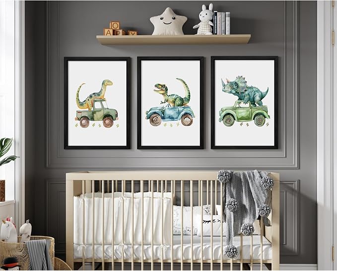 Dinosaur Nursery Wall Art Kids Canvas Poster Baby Boy Nursery Wall Decor Green Dino Pictures Toddler Prints Cartoon Dino Car Painting Boys Room Artwork for Bedroom Bathroom 12x16x3 Inch Wood Framed