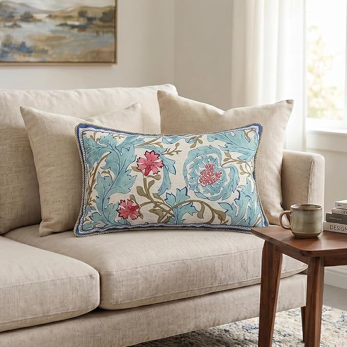 patdrea Designer Vintage Linen Throw Pillow Cover,12"x20",Set of 2-Fromm A | Luxury Decorative Pillow Case with Zipper,Blue Floral Pattern,Pillow Cover for Couch Living Room Bedroom Sofa