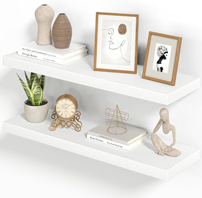Heimlove 32 Inch Floating Shelves for Wall,White 9.3" Deep Floating Shelf Set of 2,Wall Mounted Shelves for Bathroom Bedroom Living Room Kitchen Office,Shelf for Books Storage Room,Home Decor
