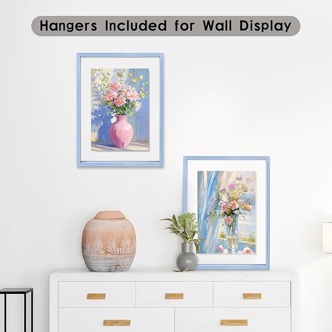 MUYE 10x10 Floating Frame Set of 2,Double Real Glass Square Photo Frame,Display Any Size Photo up to 10x10,Wall Mount or Tabletop Standing,Blue