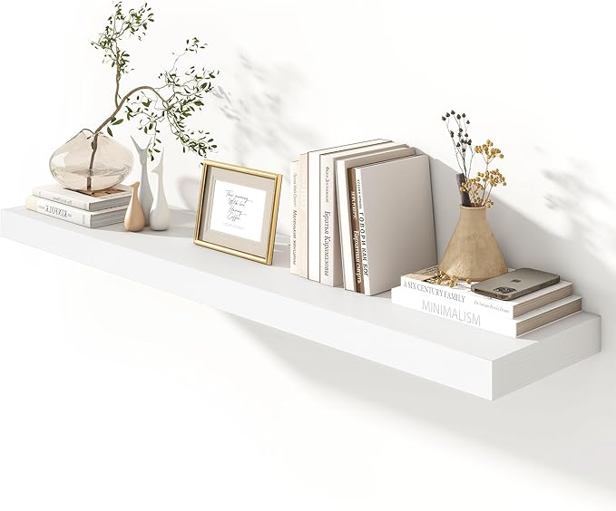 FLYJOE Deep Floating Shelves, 55 Inch White Shelves Set of 1 | 12 Inch Deep Shelves for Wall, 55'' x 12'' Rustic White Wood Shelves for Bathroom Living Room Laundry Room Kitchen