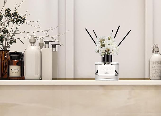 WEALD TRIBE Real Flower Reed Diffuser Set of 3 for Bathroom Shelf Decor, Lemongrass,Eucalyptus & Mint,Velvet Vanilla Scent Sticks Defusers with Essential Oils | Home Office Fragrance(1.7 fl oz/Pack)