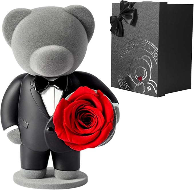 JoyFlower Preserved Flowers with Cute Teddy Bear in Suit, Unique Gentleman Bear Eternal Real Red Rose Romantic Gift with Elegant Gift Box for Girlfriend Wife Her in Valentines Birthday Anniversary