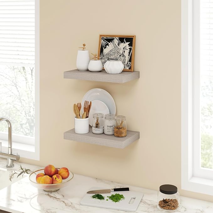 Acovy 16 Inch Floating Shelves, 9.3" Deep Floating Shelf Wall Mounted, 16" Wall Shelves, Rustic Deep Bookshelf, Large Display Shelves & Storage Shelves for Bedroom, Living Room, Greige, Set of 2