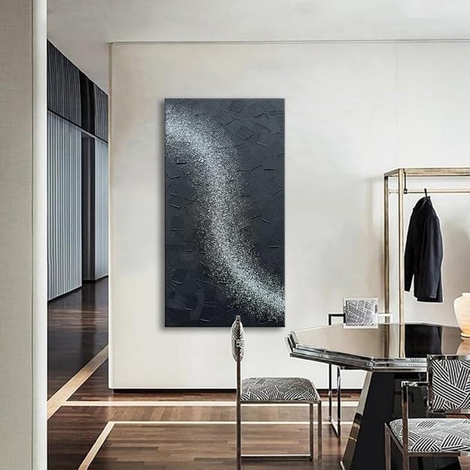 zoinart Handmade Large Glittery Crystal Canvas Wall Art, 24x48 Inches Black Abstract Modern Oil Paintings, Textured Contemporary Wall Art Ready to Hang