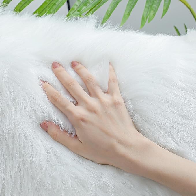 linmopm Excluding Insert Faux Fur Sheepskin Square Pillow Cover 2 Pcs White，18x18Inch+Super Soft Fluffy Faux Fur Sheepskin Rugs 2x6 ft Sheepskin, White