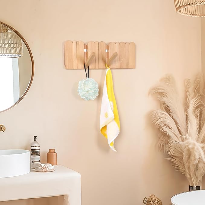 Coat Rack Wall Mount: Wooden Boho Wall Decor 6 Hooks 16.8'' Entryway Hanger with Magnetic Foldable Hooks Mounted, Space Saving for Hanging Jacket Bag for Apartments & Modern Homes