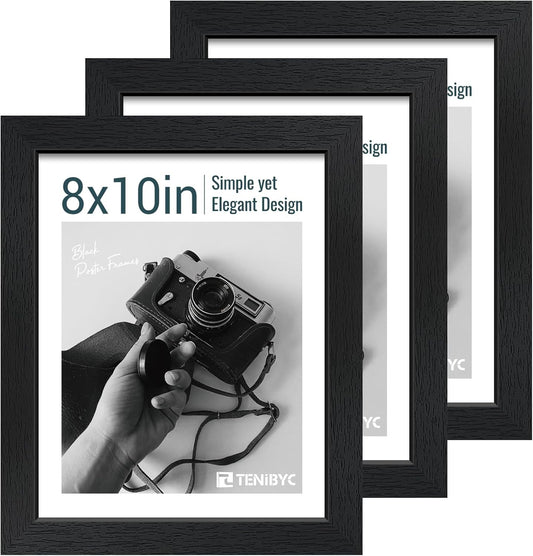8x10 Picture Frame Set - 3 Pack, Textured Black Solid Wood, HD Tempered Glass, Gallery Photo Frame, Table or Wall Display