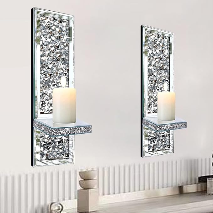 ZOLAPI Set of 2 Crystal Crush Diamond Candle Sconces, Gorgeous Silver Mirrored Wall Sconce, Candle Holder Glass Wall Decorations for Home Décor, Living Room, Dining Room.