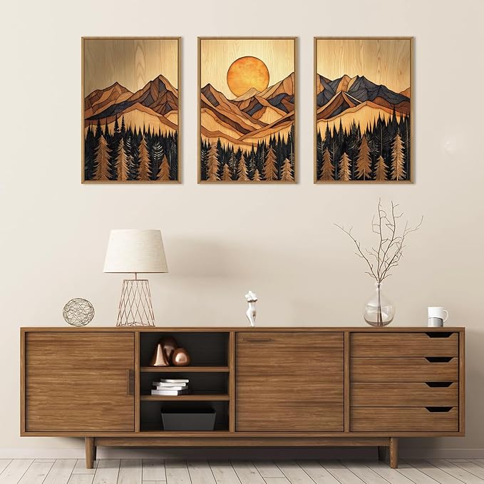 Boho Mountain Framed Canvas Wall Art Set, Vintage Pine Tree Wall Decor, Nature Forest Landscape Art Prints,Brown Woodcut Style Artwork for Living Room, Bedroom, Office -24''x36''x3