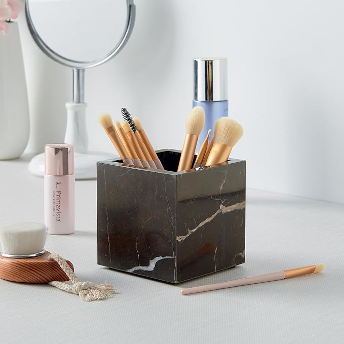 Real Luxurious Natural Marble Toothbrush Holder & Makeup Brush Organizer & Pen Holder for Desk,3.93inch Square Marble Utensil Holder Non-Ceramic/Non-Resin （Brown）