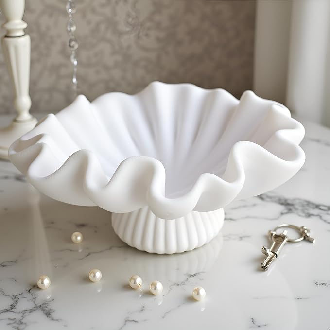 10" Large Decorative Bowl decor - milky white Scalloped Decorative Bowls for Home Decor - Organic Fluted Modern Home Decor,Ruffle Decor key bowl,bowl for keys