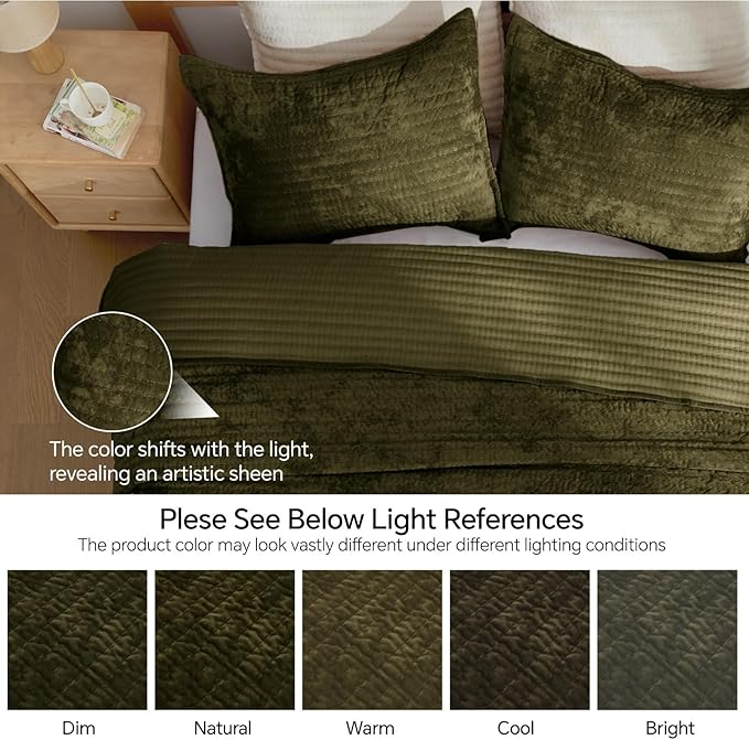 BEDELITE Velvet Quilt Set King Size - Luxury Soft Velvet Comforter Bedding Set for All Season, Lightweight Quilted Channel Stitch Oversized Bedspread Coverlet with 2 Matching Shams, Olive Green