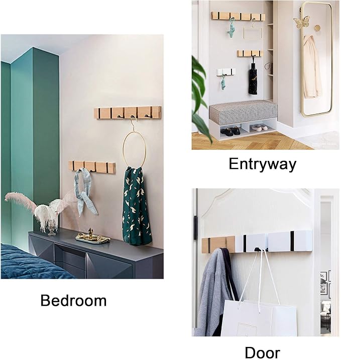 KYSMOTIC Wooden Wall Mounted Folding Coat Rack – Modern, Sleek Space-Saving Hanger for Entryway, Hallway, Living Room, Bedroom, Bathroom – Natural 4 Hooks(2 Pack)