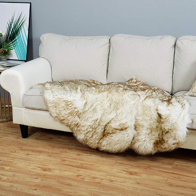 Carvapet 2-Piece Faux Sheepskin Chair Cover Set - White Brown Tips Luxury Plush Fur Seat Cushion, 2x3ft Symmetrical Bedside Rug 2-Pack for Sofa Bed
