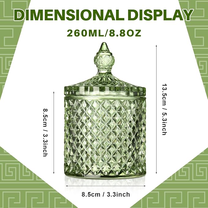 Aoriher 4 Pcs Crystal Glass Candy Jar Set with Lids Home Decorative Storage Jars for Apothecary, Bathroom, Kitchen, and Pantry, Ideal for Cotton Swabs and Jewelry (Medium,Green)