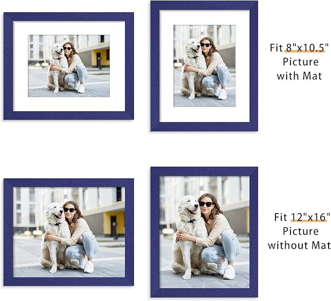 Picrit 12x16 Picture Frame Set of 12, Display 8.5x11 with Mat or 12x16 without Mat, Photo Frames for Wall Mounting Display, Navy Blue