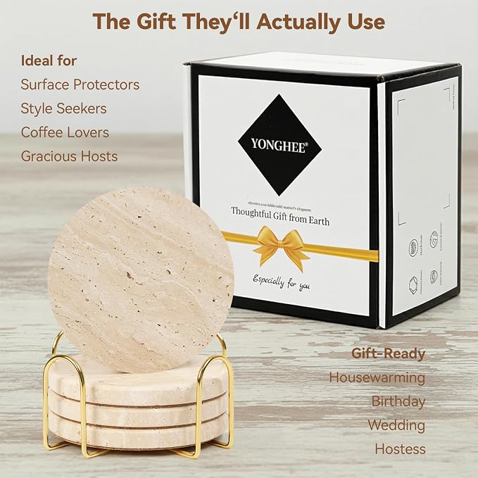 Travertine Marble Coasters with Holder, Set of 4 Elegant Rustic Farmhouse Coasters for Drinks, Neutral Warm Beige Stone Coaster for Any Home Decor, Gift Boxed for Housewarming Wedding Hostess