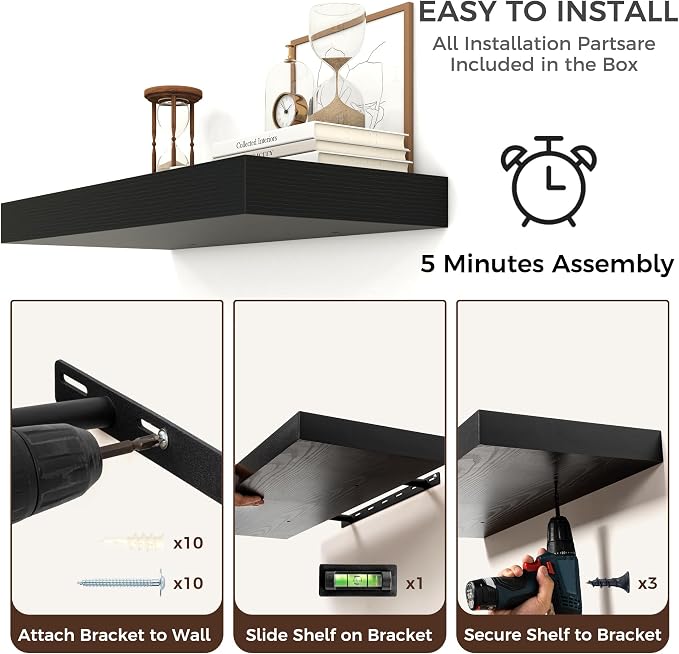 Venusmiles Floating Shelves for Wall, 24 Inch Floating Shelves Set of 2, 6.5" D Wooden Wall Mounted Display Shelves with Invisible Brackets for Living Room, Bedroom, Bathroom, Kitchen Decor, Black