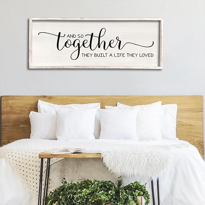 Surfapans And So Together They Built A Life They Loved Wall Decor 40”X15” Large Framed Farmhouse Wood Sign for Bedroom Above Bed Living Room Over Bed Wall Art Modern Hanging Decoration (White)