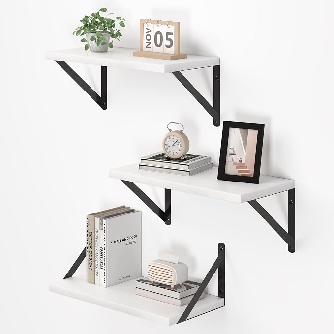 Vivelove White Deep Floating Shelves for Wall, 16W x 8D Wood Wall Shelves Set of 3, Wide Floating Bookshelf for Living Room, Kitchen, Office, Bedroom and Decor Storage, with Black Bracket - White