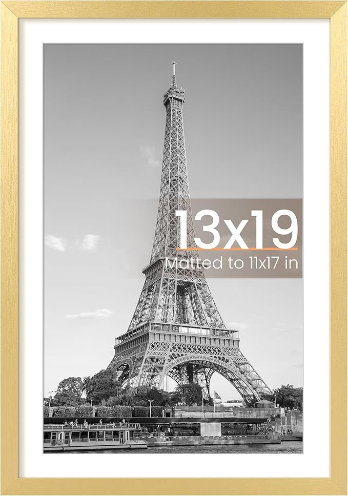 upsimples 13x19 Picture Frame, Display Pictures 11x17 with Mat or 13 x 19 Without, Wall Hanging Poster Frames, Gold, 1 Pack