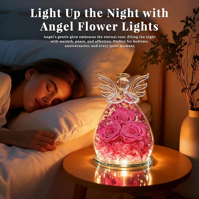 Beferr Mothers Day Mom Birthday Gifts for Women, Fresh Flowers for Delivery Forever Preserved Rose in Glass Angel Figurine, Anniversary Christian Real Rose for Grandma Nana Wife Mum from Daughter Son
