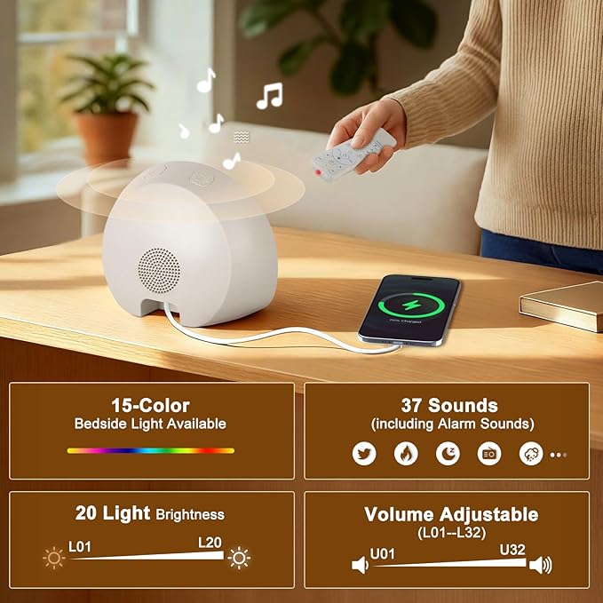JONRRYIN Sunrise Alarm Clock Wake Up Light for Heavy Sleeper, 37 White Noise Sounds, Tap Snooze, Bluetooth Speaker, Remote Control, USB Port, 15 Color Dimmable NightLight for Bedroom