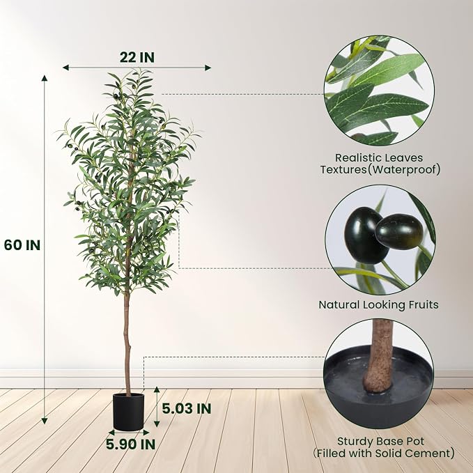 Fake Olive Tree, 5FT 2Pack, 60in Tall Silk Plant | 536 Realistic Leaves, 20 Fruits, With Trunk, Modern Office Home Decor Indoor