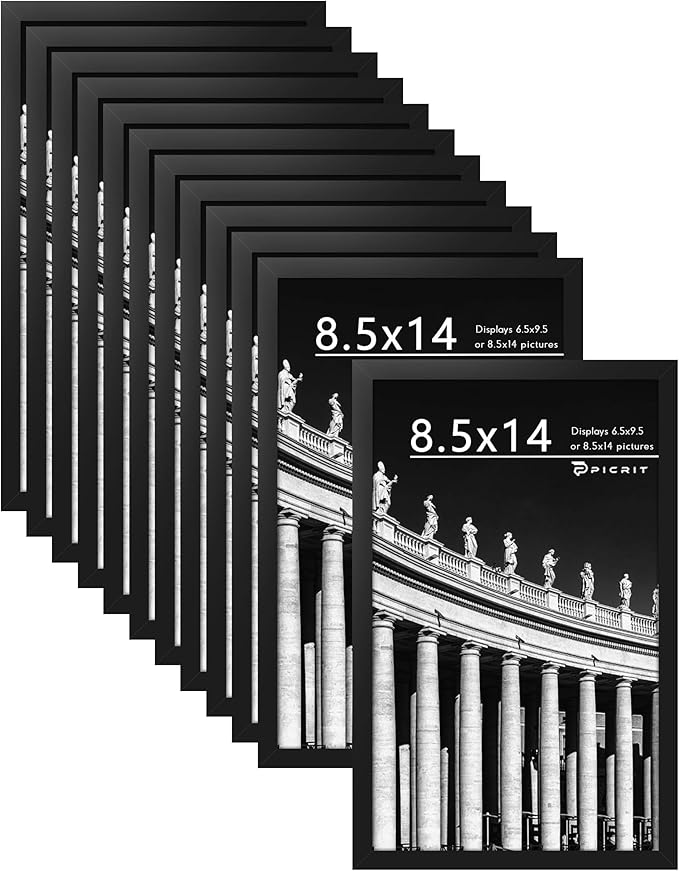 Picrit 8.5x14 Picture Frame Set of 12, Display 7x10 with Mat or 8.5x14 without Mat, Photo Frames for Wall Mounting or Table Top Display, Black