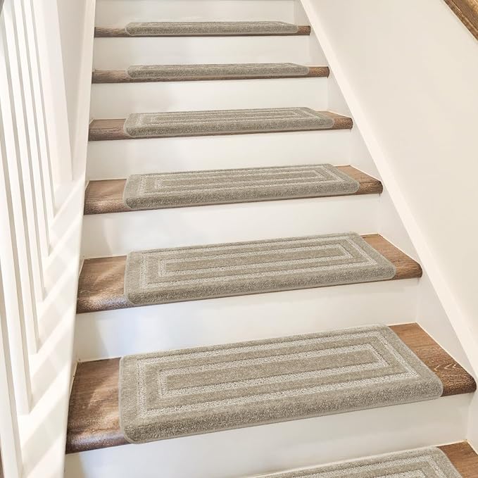 PURE ERA Bullnose Carpet Stair Treads Set Tape Free Non-Slip Indoor Stair Protectors Pet Friendly Rugs 9.5" x 30"(2 Pieces,Cream Gray Rectangular)