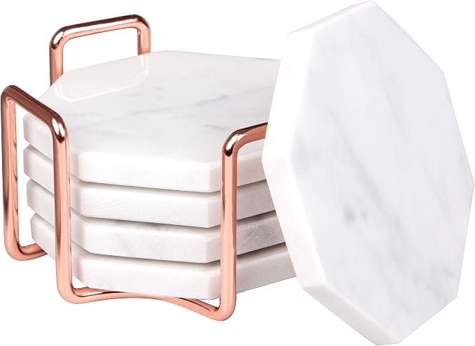 White Carrara Marble Coasters & Rose Gold Coaster Holder (Set of 5)- Durable, Thick Coasters - Protects Any Table Type & Fits Any Coffee Mug, Drinking Glass, Barware - Great Wedding