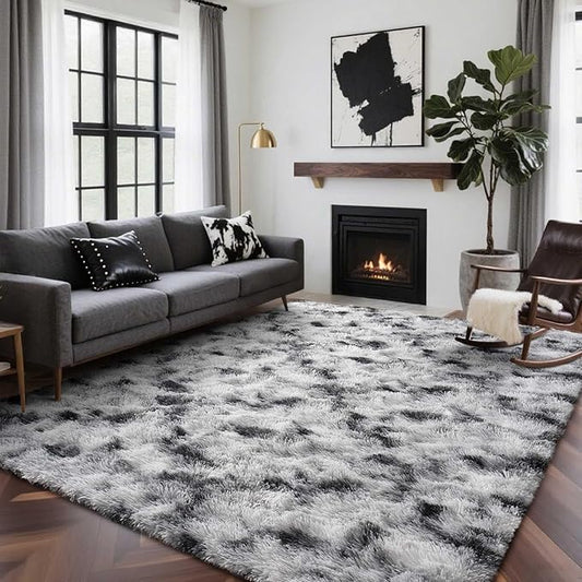 8x10 Ft Extra Large Shag Rugs for Living Room, Tie Dyed Ultra Soft Fluffy Furry Area Rugs for Bedroom Indoor Floor, Aesthetic Carpet for Kids Home Decor Black White