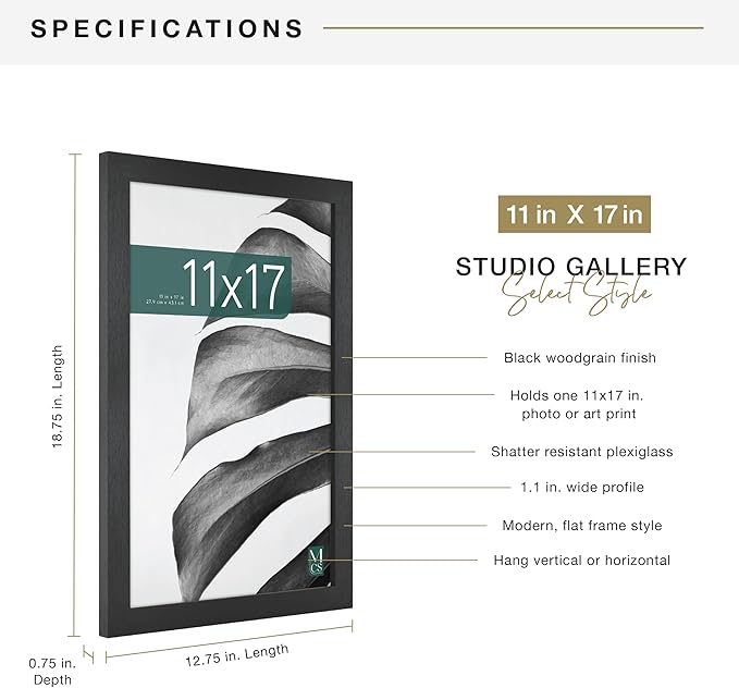 MCS Studio Gallery 11x17 Picture Frame Black Woodgrain Engineered Wood, Rectangle Photo Frame for Photos, Posters & Art Prints (1-Pack)