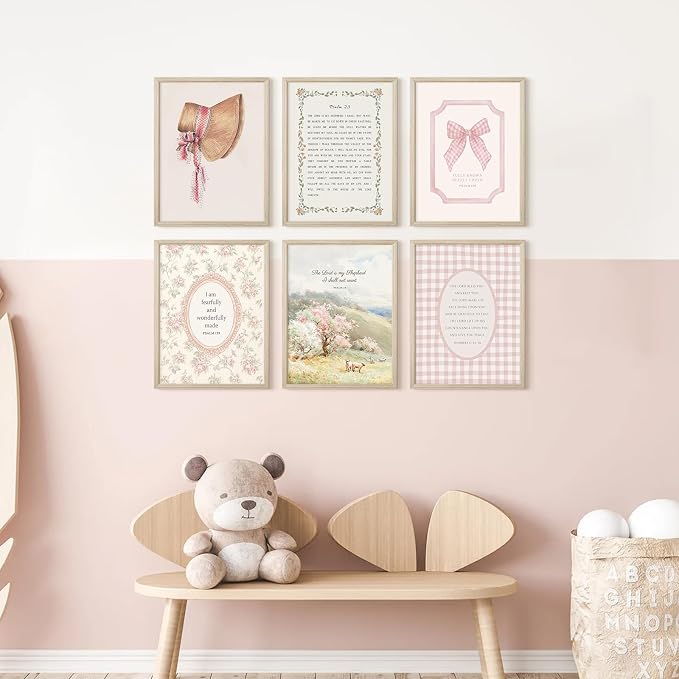 Christian Nursery Wall Art Bible Verse Canvas Wall Decor Pink Vintage Girls Nursery Poster Scripture Floral Bow Print Coquette Room Decor Pictures Jesus Artwork for Bedroom 8x10x6 Inch Wood Framed