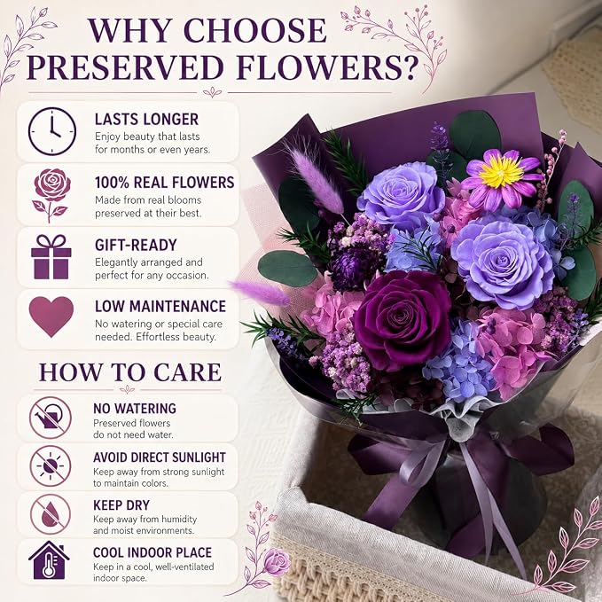 Preserved Purple Rose Bouquet, 100% Real Flowers for Women Mother Wife, Long-Lasting Eternal Roses with Gift Box, Forever Flowers for Anniversary Birthday Mother's Day, Lasts 3-5 Years