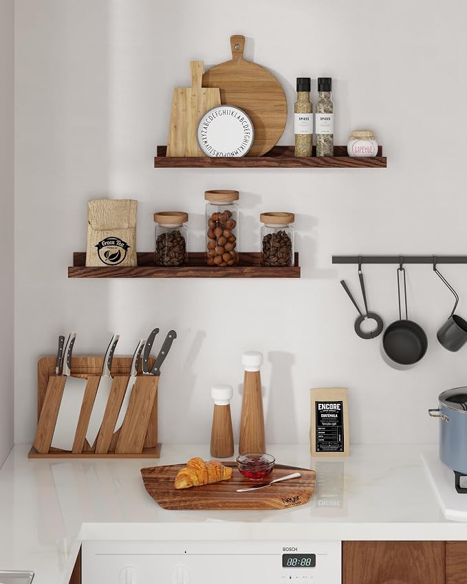 Axeman Oak Picture Ledge Shelf, 55 Inch Floating Shelves Set of 2, Solid Oak Wood Wall Shelves with Lip, Wall Decor Storage for Bedroom Living Room Bathroom Kitchen Nursery Photo Picture, Walnut