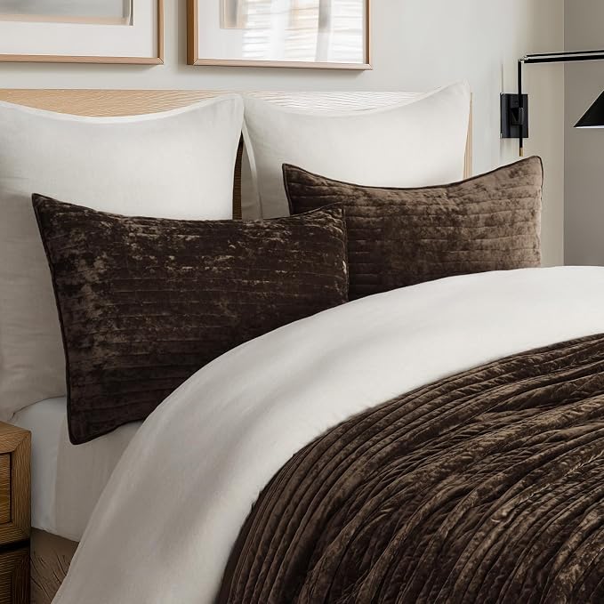 EVERGRACE Velvet Quilt Set California King 118'' x 106'', Luxurious Soft Striped Channel Bedding Set, Lightweight Velvet Comforter for All Season, Oversized Bedspread Coverlet w/ 2 Shams, Walnut Brown