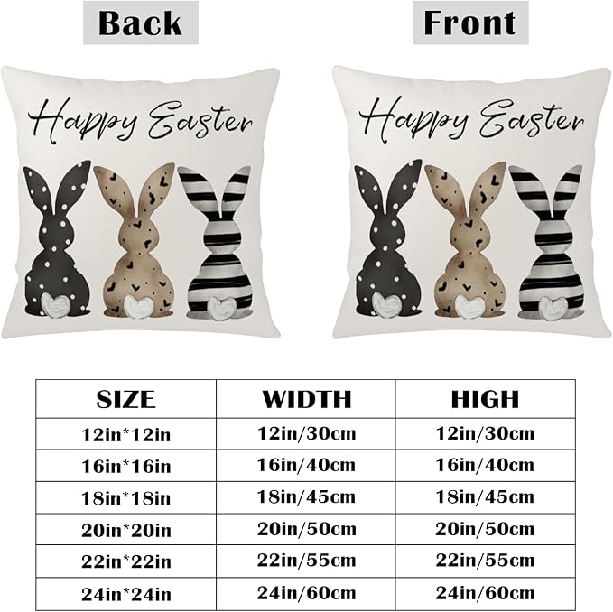 Happy Easter Throw Pillow Covers Striped Polka Dot Brown Bunny Pillow Covers 16x16 Black White Easter Eggs Pillow Cases Spring Rabbit Farmhouse Cushion Case for Home Sofa 2 Pack