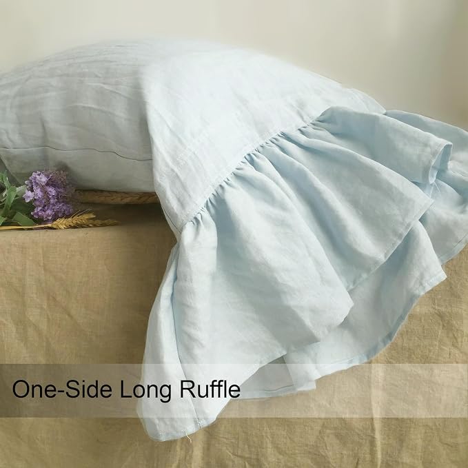 100% French Linen Pillowcase, Framhouse Shabby Chic Style Long Ruffle Pillow Cover, Pure Flax Pillow Sham, King Queen Twin Size 1 pcs (Queen, Water Blue)