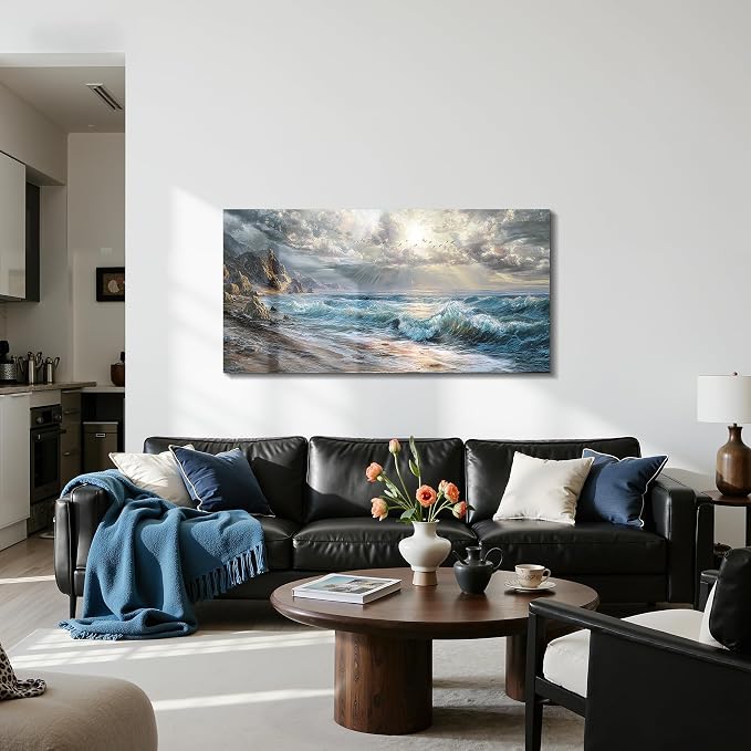 imjiayu Ocean Beach Canvas Wall Art, Sunrise Coastal Seascape Painting with Waves, Large Sea Landscape Artwork Wall Decor for Living Room Bedroom Office Home Decor 20" x 40"
