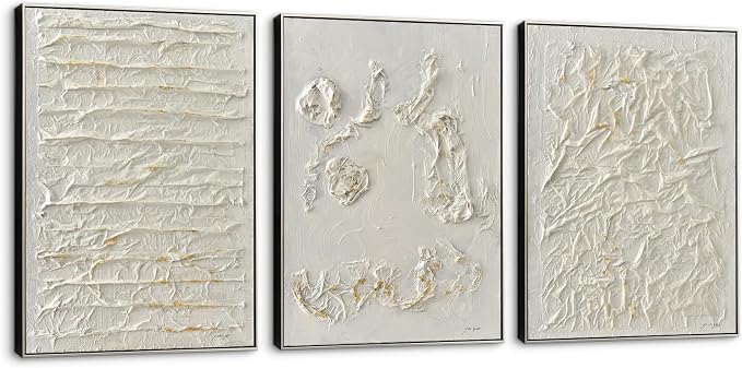 Pinetree Art Abstract Paintings Neutral Wall Art for Living Room, Framed Large Wall Decor 3D Textured Hand Painted Artwork for Home Office Decor, 19.8x27.8 Inches, Set of 3
