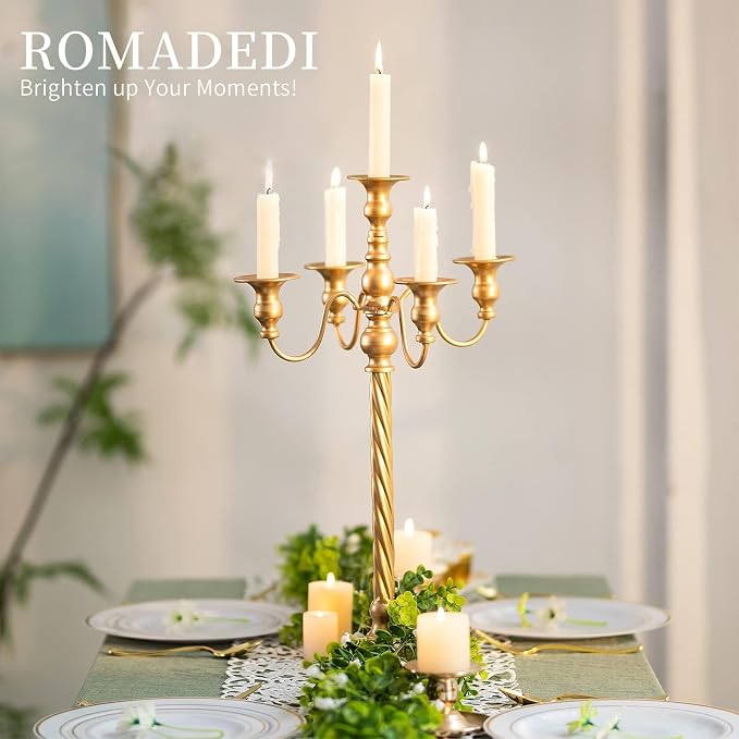 Romadedi Gold 5-Arm Candelabra for Taper Candles, 21 in, Pack of 2 | Metal Candlestick Holders with Curved Branches for Wedding Centerpiece, Reception, Dining Table, and Christmas Decor.