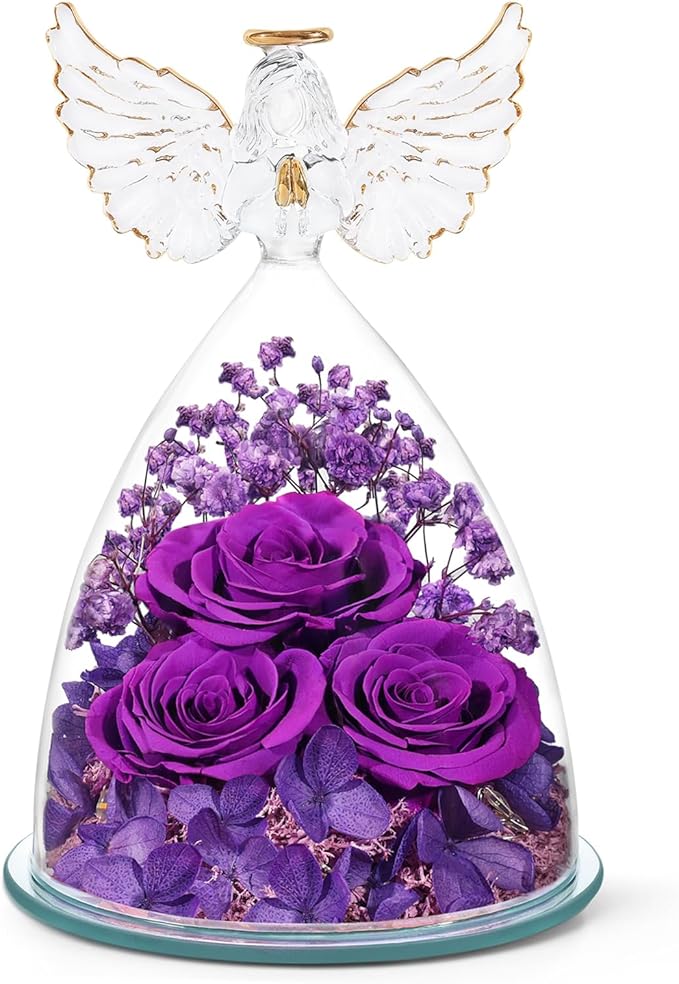 Flowers for Delivery Birthday Gifts for Women Gifts for Mom Grandma Mothers Day Fresh Preserved Flowers Forever Real Roses in Glass Angel Figurines Anniversary Present for Wife Her Friends Daughter
