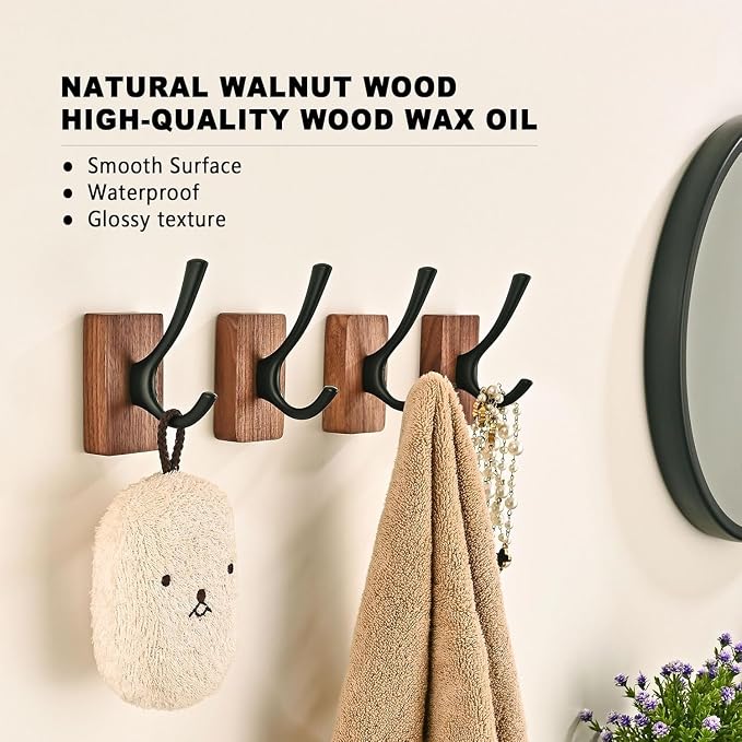 8 Pack Walnut Wood Wall Coat Hooks for Hanging, Adhesive Mounted & Wall Mount Heavy Duty Decorative Wooden Double Hook hanger for Towel Backpack Hat Jacket Clothes Blanket Purse Closet Robe Key